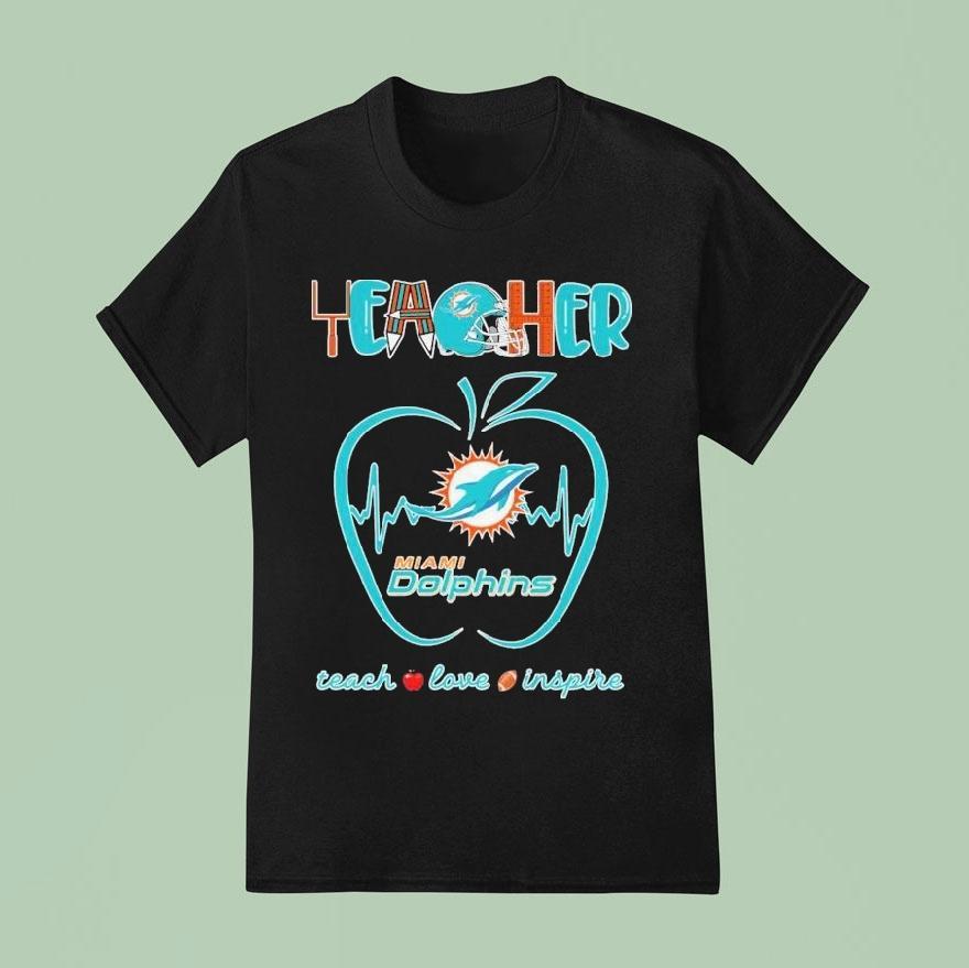 Miami Dolphins Teacher Teach Love Inspire Heartbeat Apple T Shirt