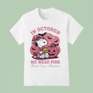 Snoopy The Peanuts In October We Wear Pink Breast Cancer Awareness Pumpkin Halloween T Shirt