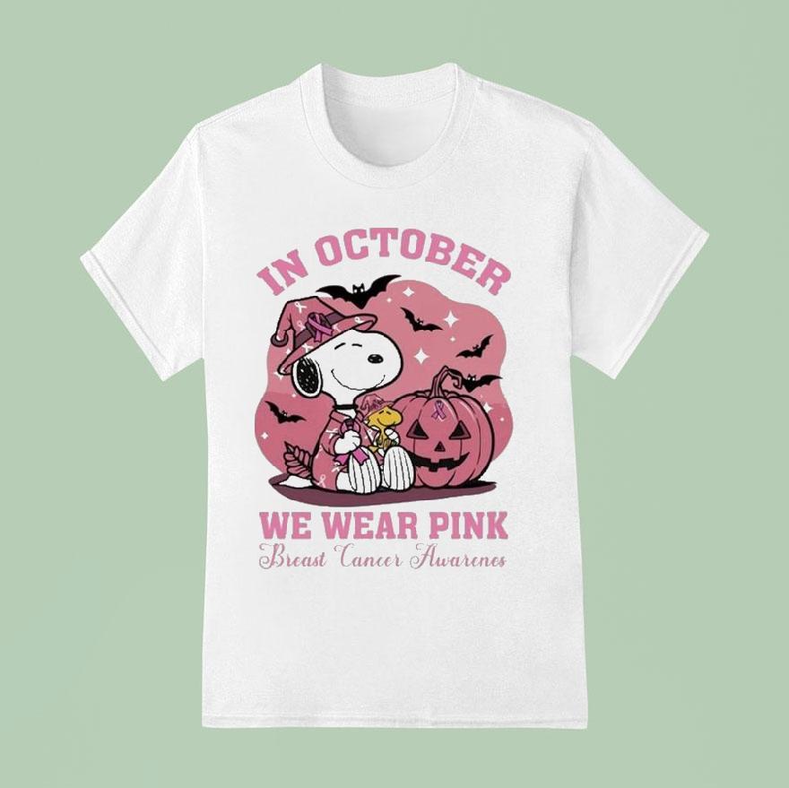 Snoopy The Peanuts In October We Wear Pink Breast Cancer Awareness Pumpkin Halloween T Shirt