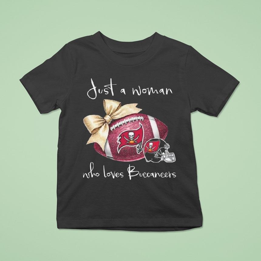 Just A Woman Who Loves Tampa Bay Buccaneers Pink Bow T Shirt Just A Woman Who Loves Tampa Bay Buccaneers Pink Bow T Shirt