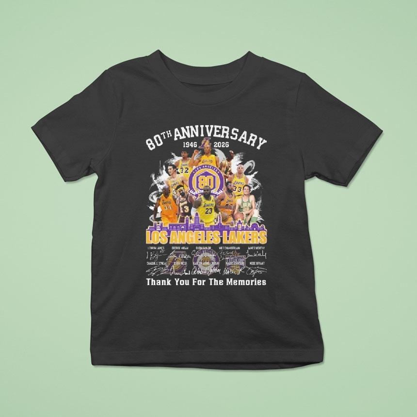 Los Angeles Lakers Th Anniversary Skyline Signatures Thank You For The Memories T Shirt Los Angeles Lakers Th Anniversary Skyline Signatures Thank You For The Memories T Shirt