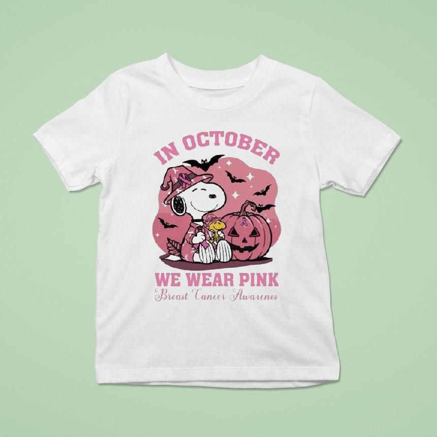 Snoopy The Peanuts In October We Wear Pink Breast Cancer Awareness Pumpkin Halloween T Shirt Snoopy The Peanuts In October We Wear Pink Breast Cancer Awareness Pumpkin Halloween T Shirt