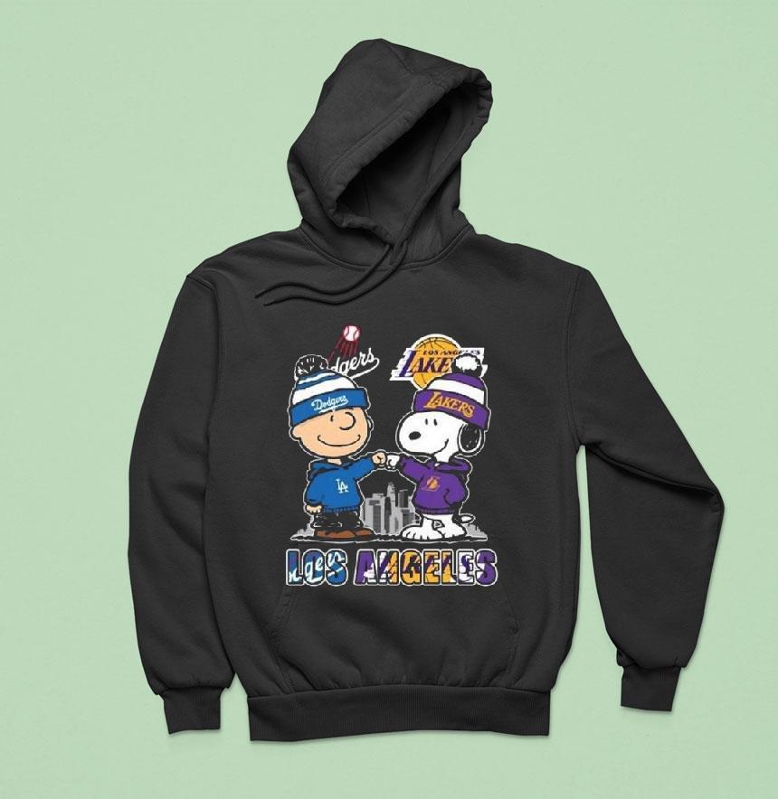 Charlie Brown Los Angeles Dodgers X Snoopy Los Angeles Lakers Skyline Hoodie Charlie Brown Los Angeles Dodgers X Snoopy Los Angeles Lakers Skyline Hoodie