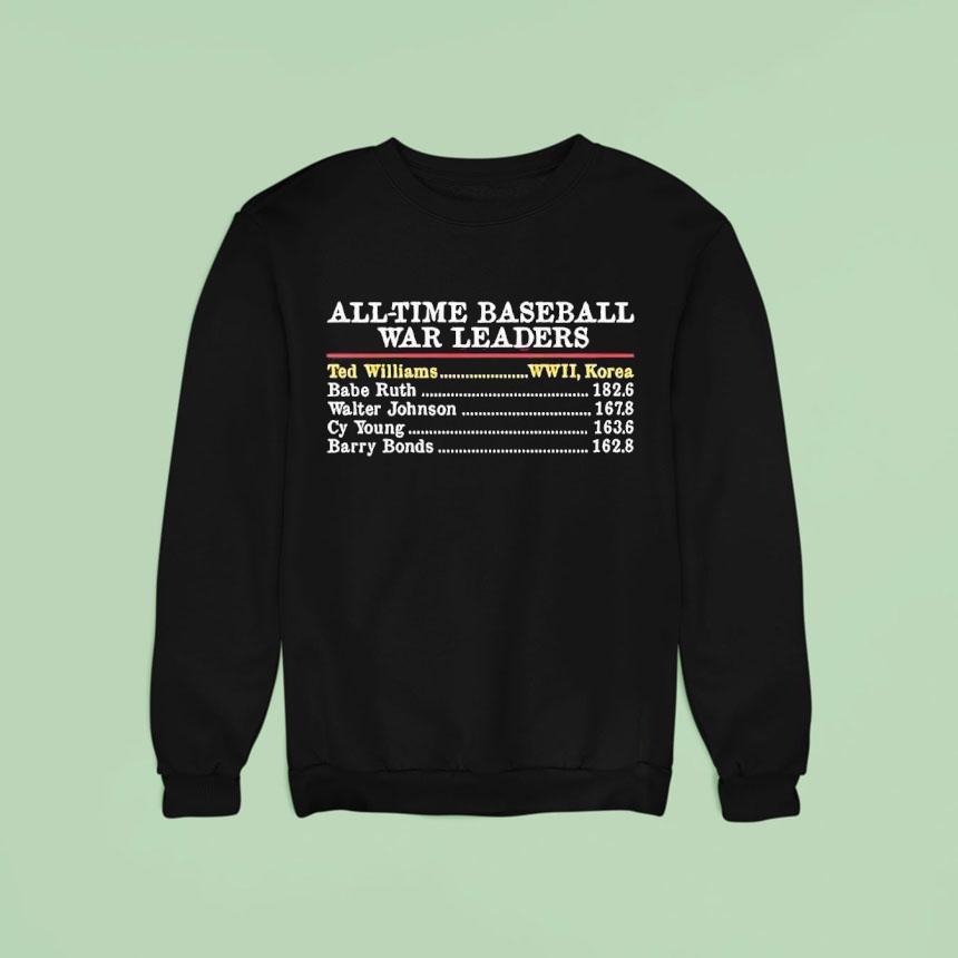 All Time Baseball War Leaders Ted Williams Boston Red Sox Sweatshirt All Time Baseball War Leaders Ted Williams Boston Red Sox Sweatshirt