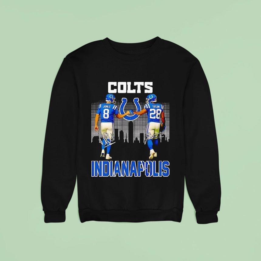Jonathan Taylor And Daniel Jones Indianapolis Colts Football City Skyline Signature Sweatshirt Jonathan Taylor And Daniel Jones Indianapolis Colts Football City Skyline Signature Sweatshirt