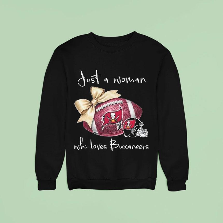 Just A Woman Who Loves Tampa Bay Buccaneers Pink Bow Sweatshirt Just A Woman Who Loves Tampa Bay Buccaneers Pink Bow Sweatshirt