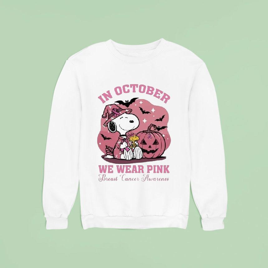 Snoopy The Peanuts In October We Wear Pink Breast Cancer Awareness Pumpkin Halloween Sweatshirt Snoopy The Peanuts In October We Wear Pink Breast Cancer Awareness Pumpkin Halloween Sweatshirt