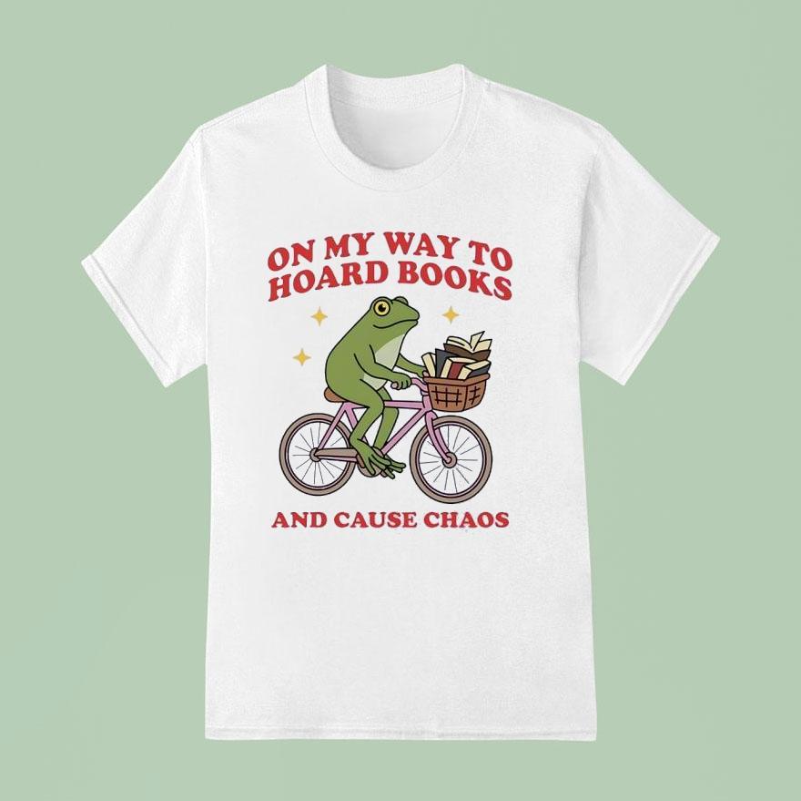 Frog Riding Bicycle On Way To Hoard Books And Cause Chaos T Shirt