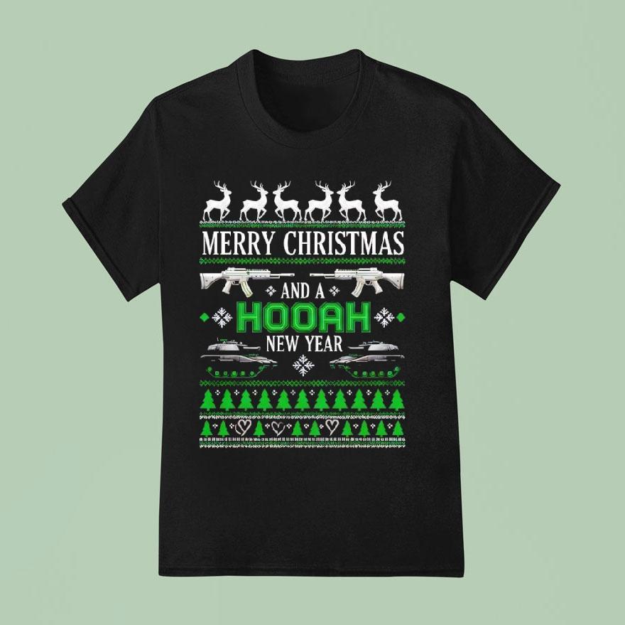 Merry Christmas And A Hooah New Year U S Army Ugly Christmas T Shirt