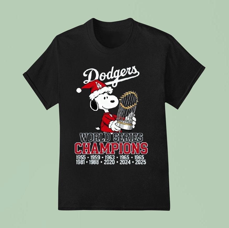 Snoopy Santa X Los Angeles Dodgers World Series Champions Trophy T Shirt