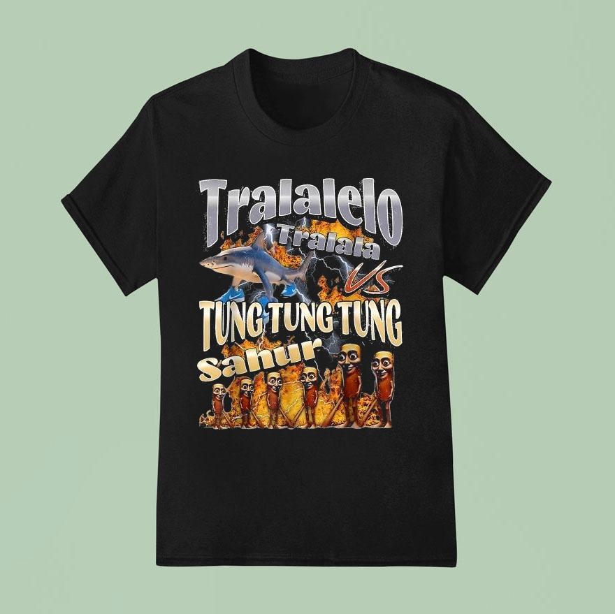 Tralalelo Vs Tung Tung Tung Sahur Italian Brainrot Meme T Shirt