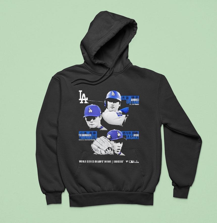 Shohei Ohtani Yoshinobu Yamamoto Roki Sasaki La Dodgers World Series Champions Historic Hoodie Shohei Ohtani Yoshinobu Yamamoto Roki Sasaki La Dodgers World Series Champions Historic Hoodie