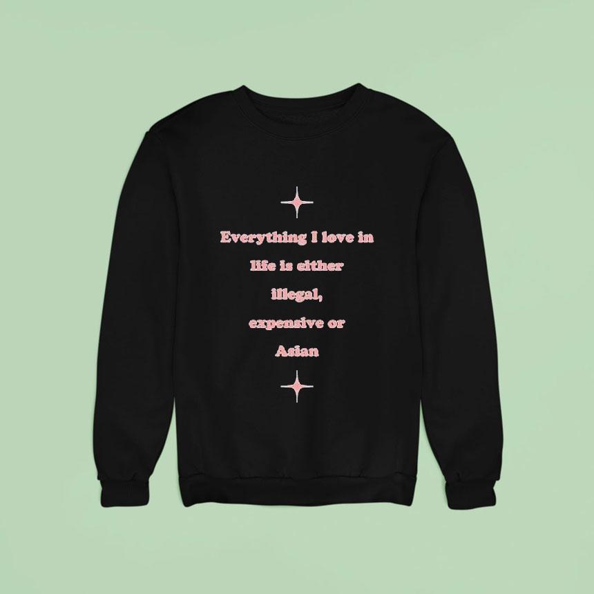 Everything I Love In Life Is Either Illegal Expensive Or Asian Sweatshirt Everything I Love In Life Is Either Illegal Expensive Or Asian Sweatshirt