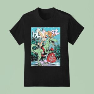Blink Happy Holidays Christmas Merry Xmas Rabbit Riding Velociraptor T Shirt