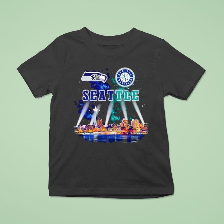 Seattle Seahawks And Seattle Mariners Logo Space Needle Town T Shirt Seattle Seahawks And Seattle Mariners Logo Space Needle Town T Shirt