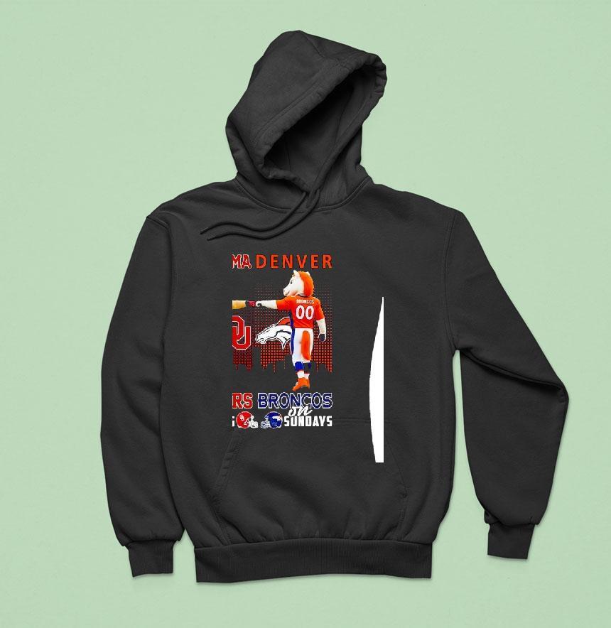 Oklahoma Sooners On Saturdays And Denver Broncos On Sunday Mascot With City Skyline Hoodie Oklahoma Sooners On Saturdays And Denver Broncos On Sunday Mascot With City Skyline Hoodie